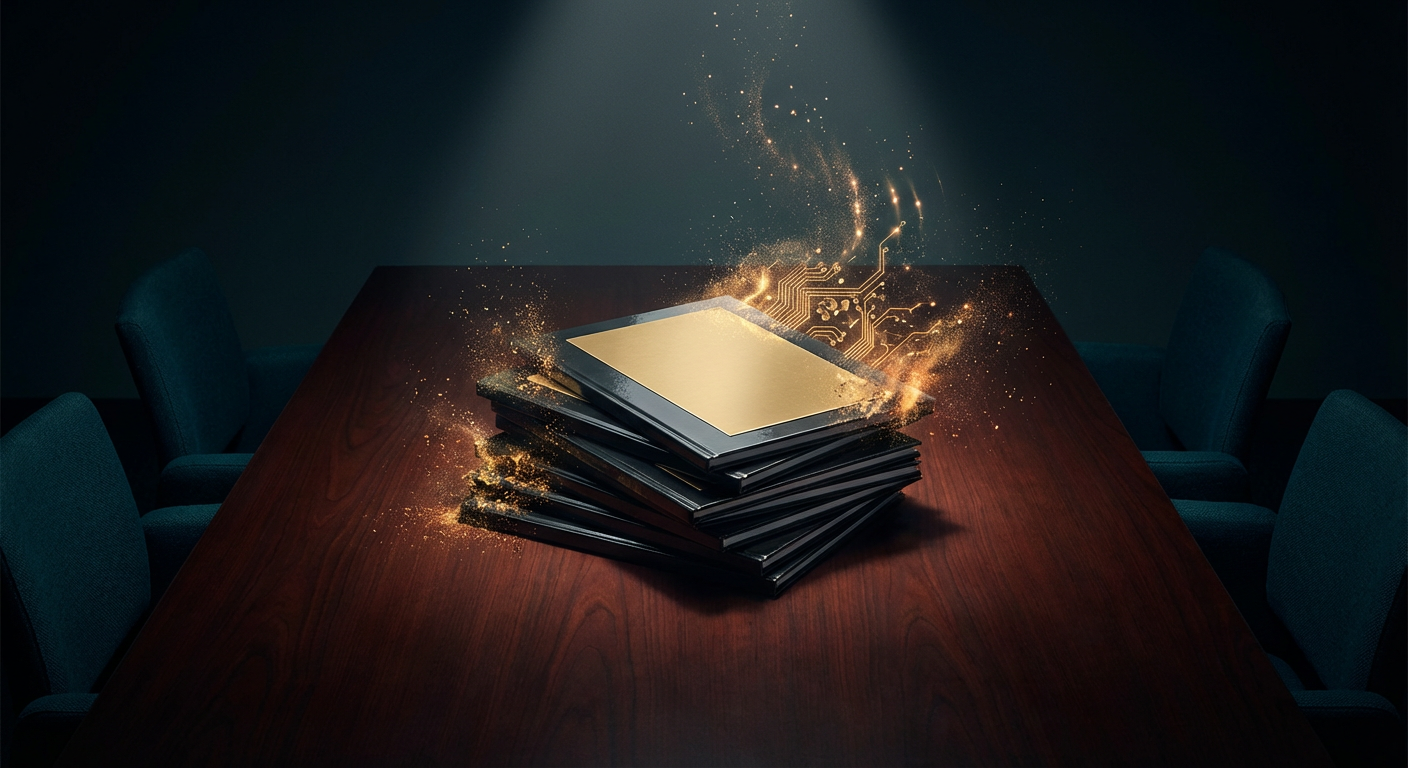 Strategy slide decks dissolving into golden digital particles on a conference table