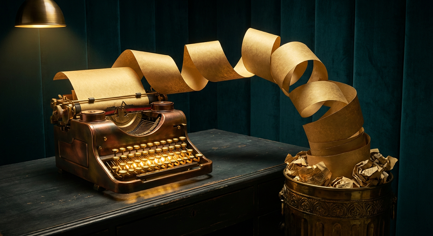Vintage brass typewriter printing an endless scroll of strategy pages into a trash bin