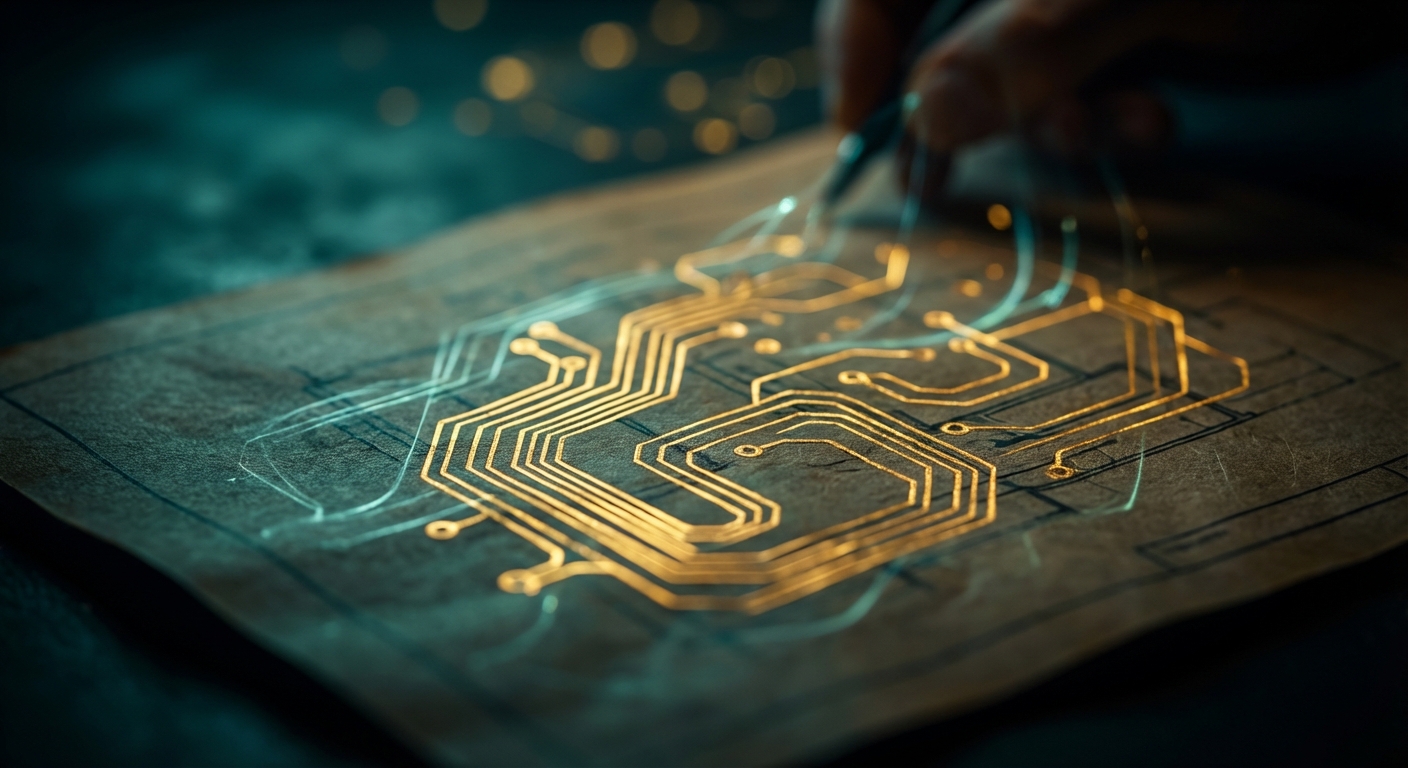 Architect blueprint with golden circuit traces forming an automation flowchart