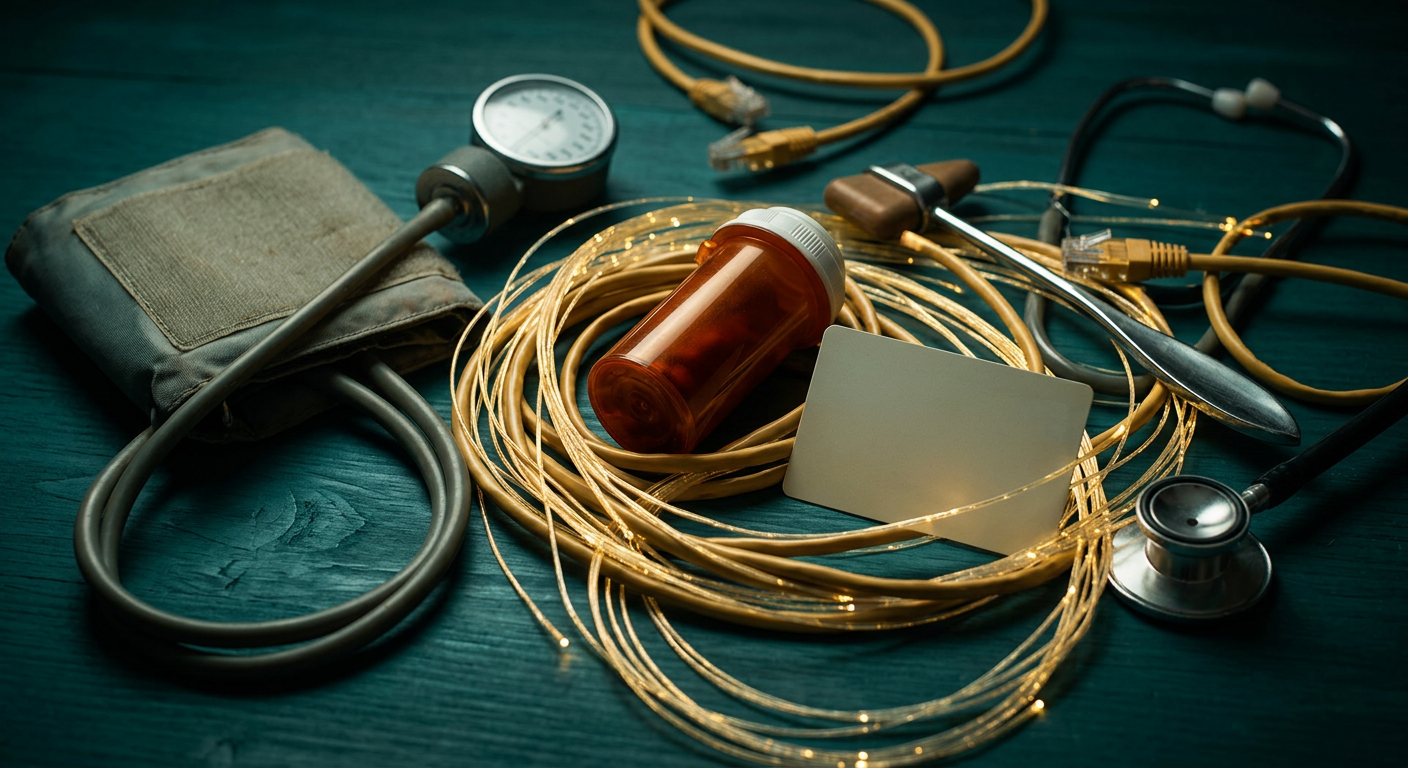 Medical stethoscope with golden digital connections branching to scheduling billing and patient record screens