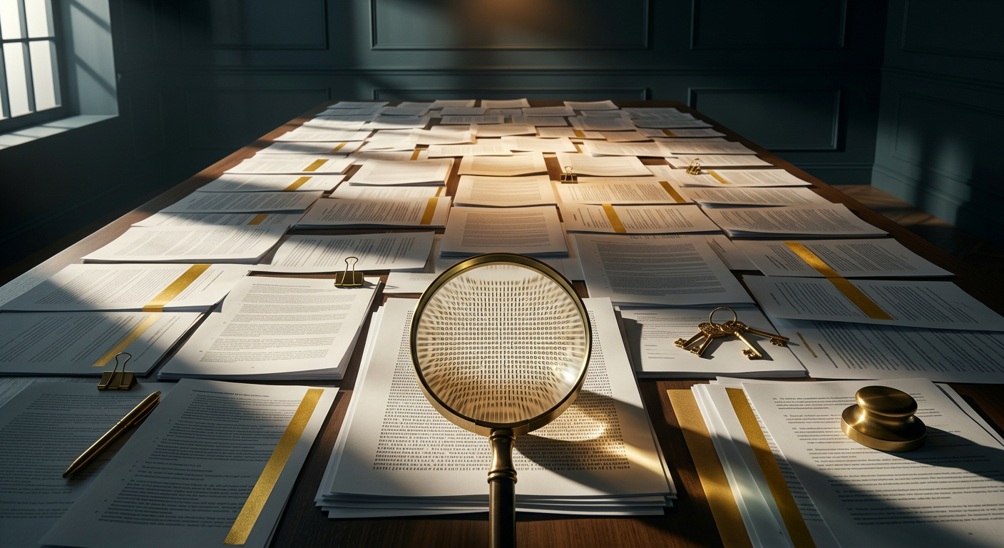 AI analyzing legal documents with highlighted clauses and annotations