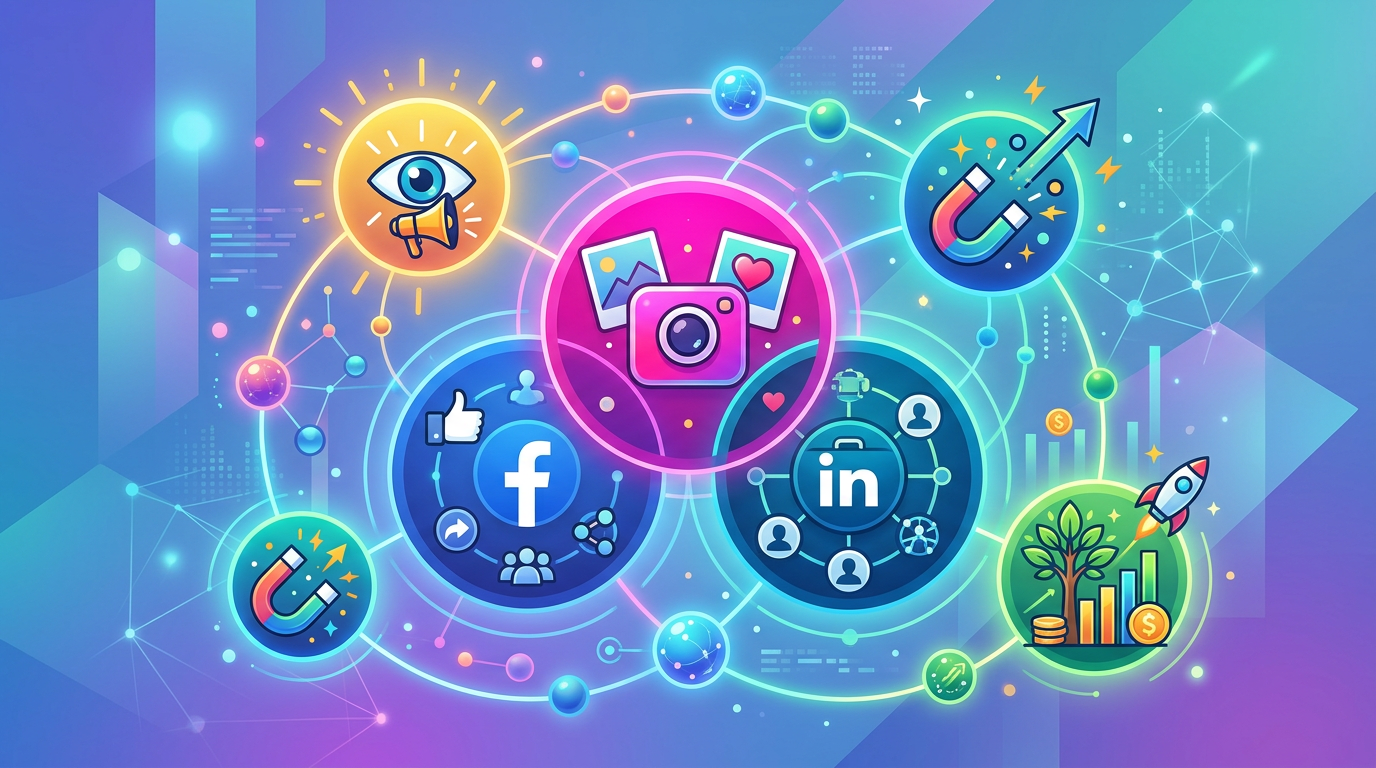 Social media network diagram visualizing a strategy for small business marketing growth.