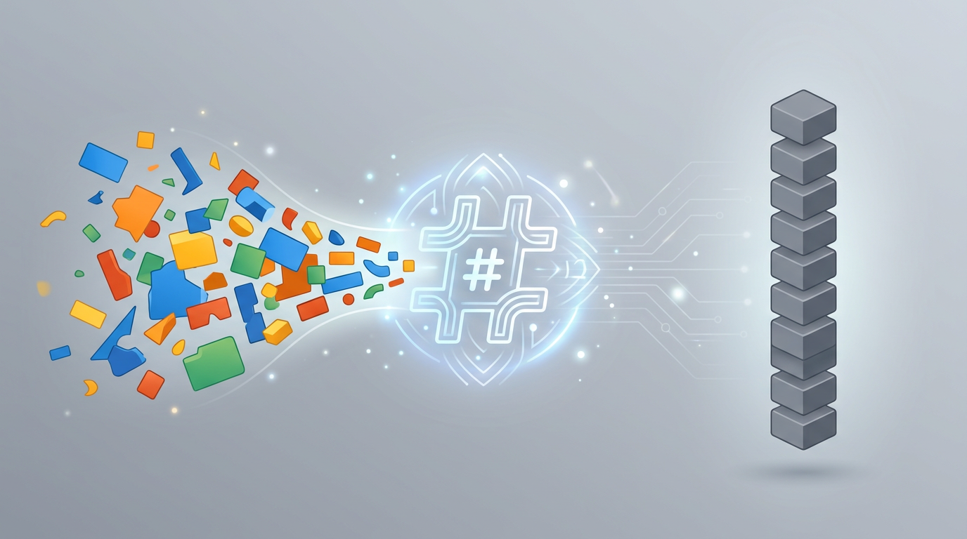 SHA-256 hash: Data transforming into secure blocks. Representing hashing for secure data uploads.