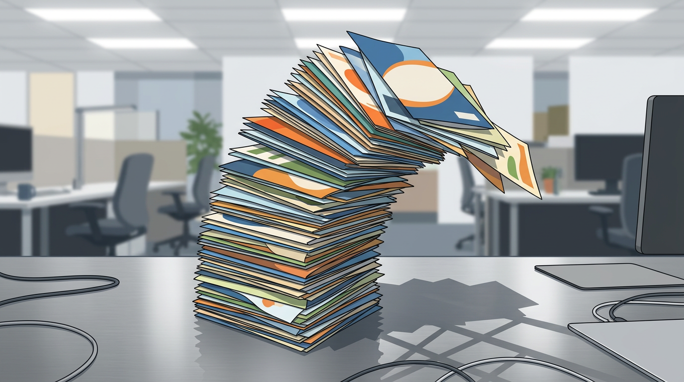 Overloaded pamphlets about to fall, illustrating overwhelming social media information mistakes.