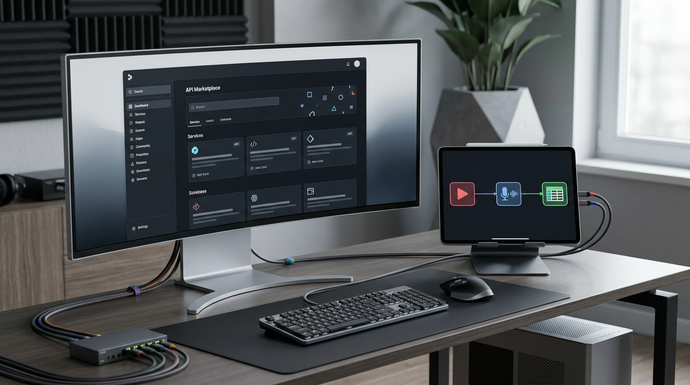 APIs and automation icons illustrating YouTube video transcription setup.