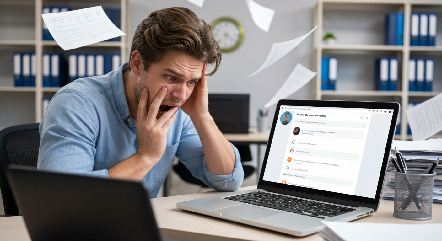 brand social media manager facepalming at a laptop showing a viral embarrassing post with thousands