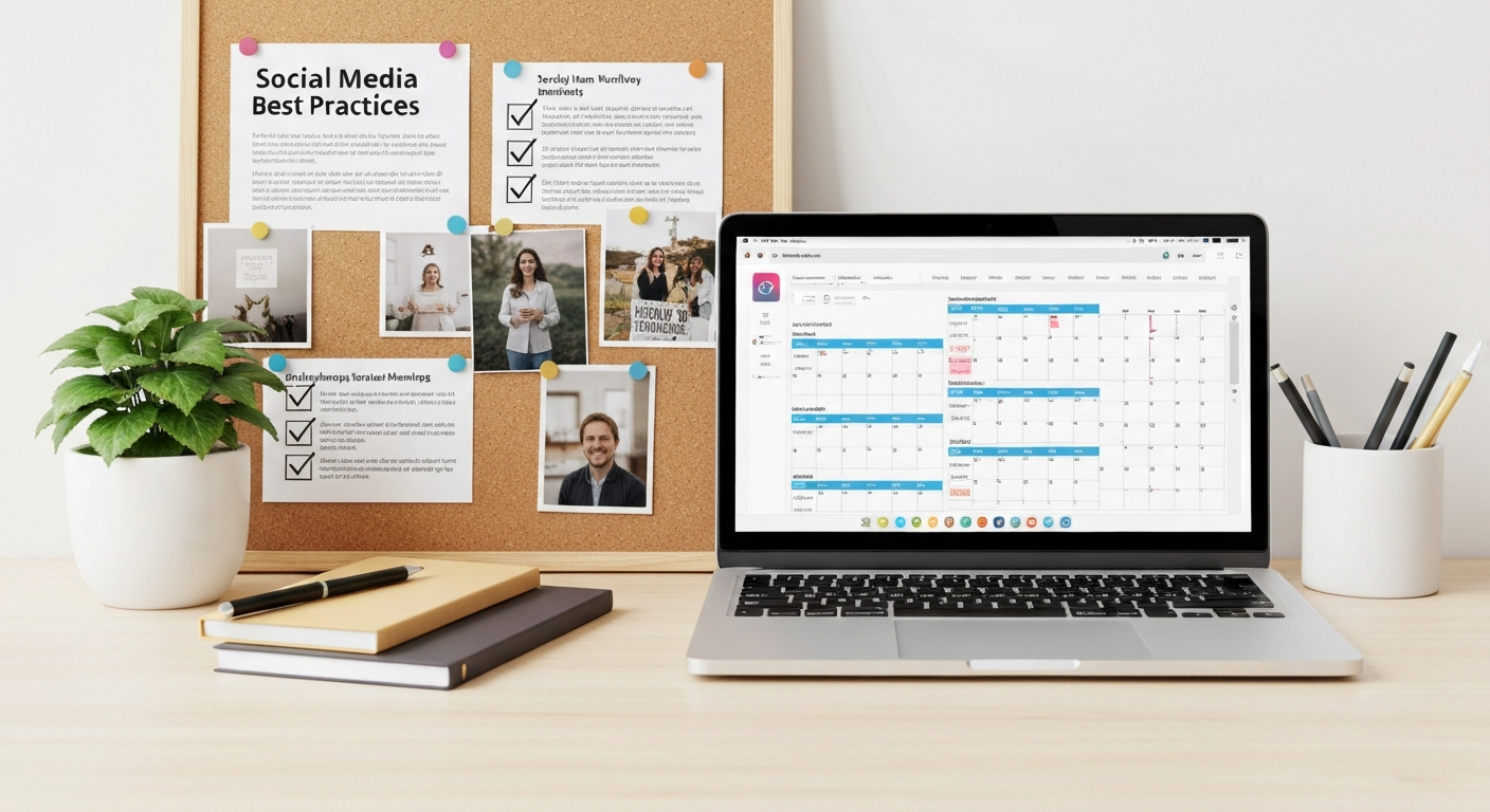 checklist of social media best practices pinned on a corkboard next to a laptop showing scheduled.