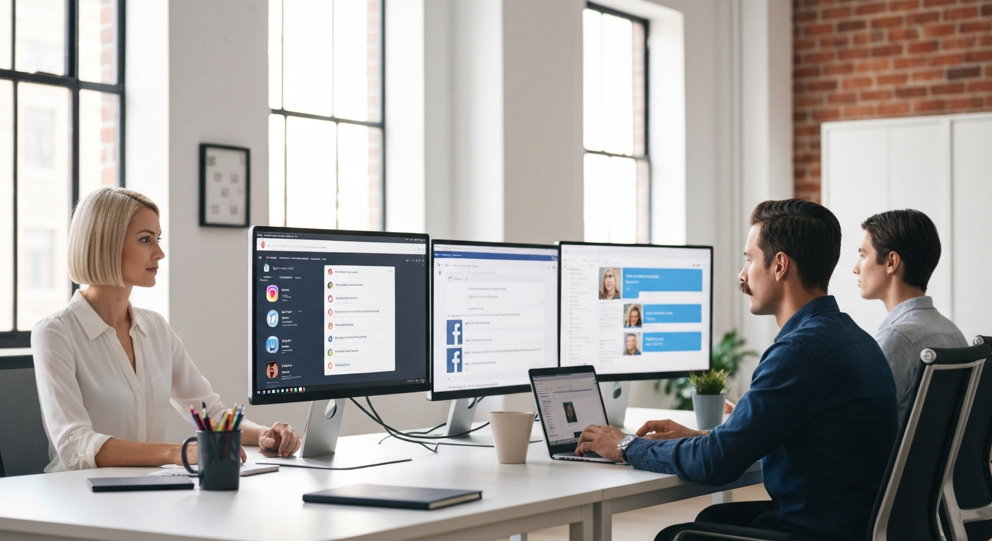 customer service team monitoring social media channels on multiple screens showing Twitter, Faceboo