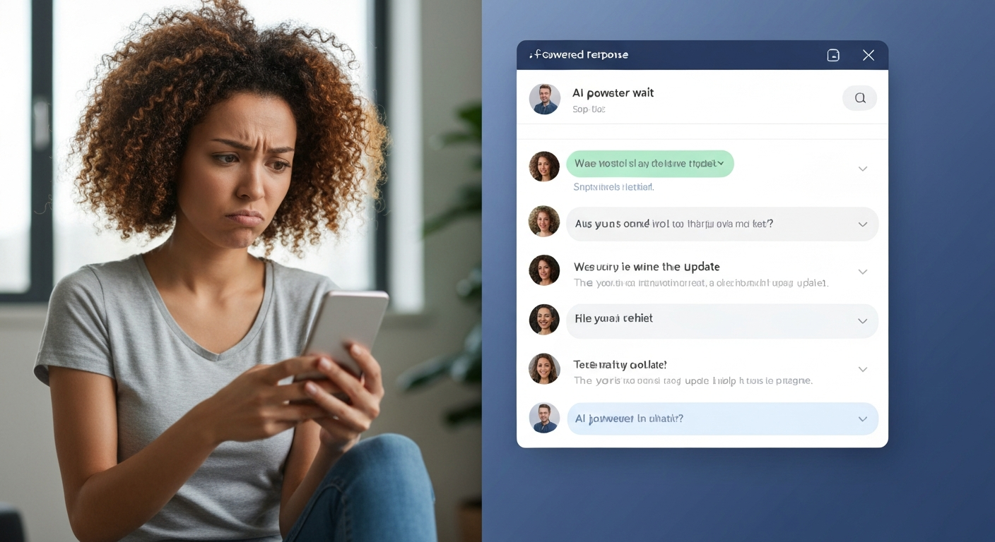 split screen showing a frustrated customer waiting for reply on left vs instant AI-powered response