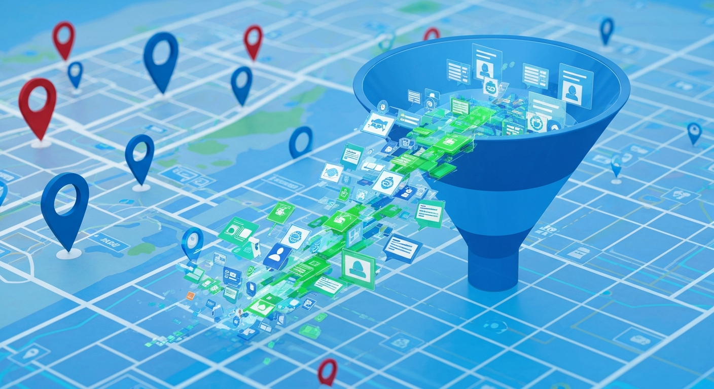 data scraping visualization — digital funnel pulling business listings from a map into an organized