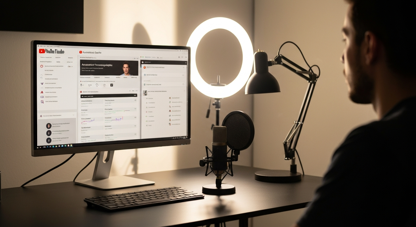 content creator's workspace showing YouTube Studio on one monitor and automated transcription tool