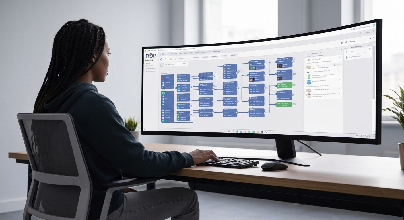n8n workflow builder interface on a large curved monitor showing a complex AI agent workflow with.