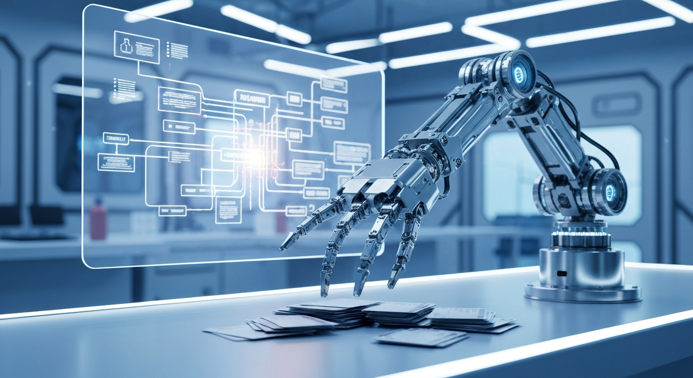 futuristic AI agent concept — robotic arm sorting through data cards while a workflow diagram glows