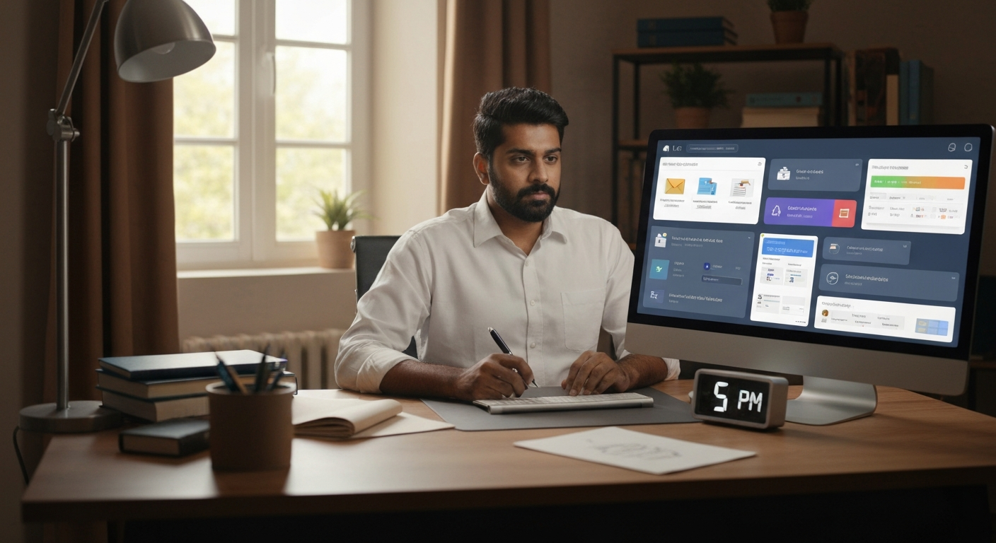small business owner at desk with clock showing 5pm while AI handles tasks on computer screen — ema
