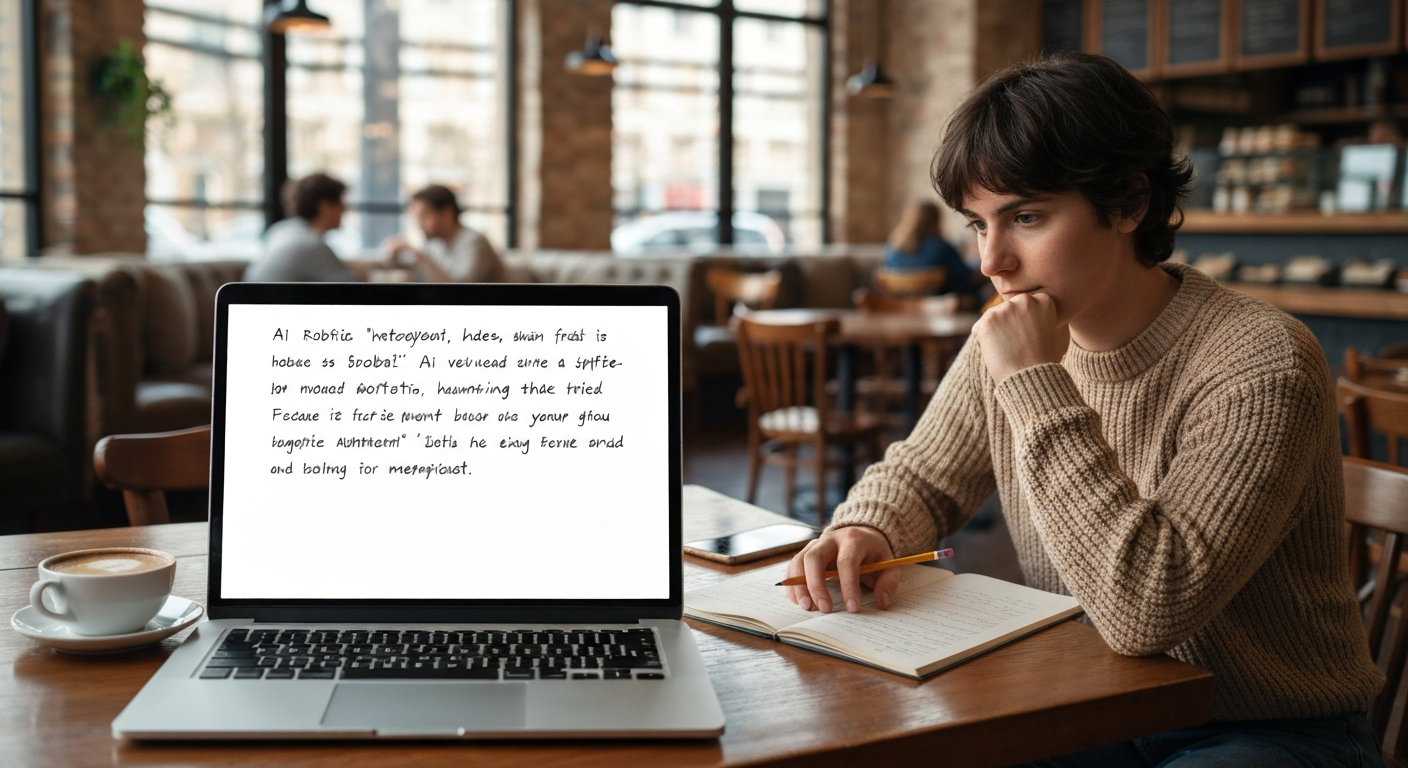 writer at a laptop with a split screen showing AI-generated text on left (robotic) and humanized.