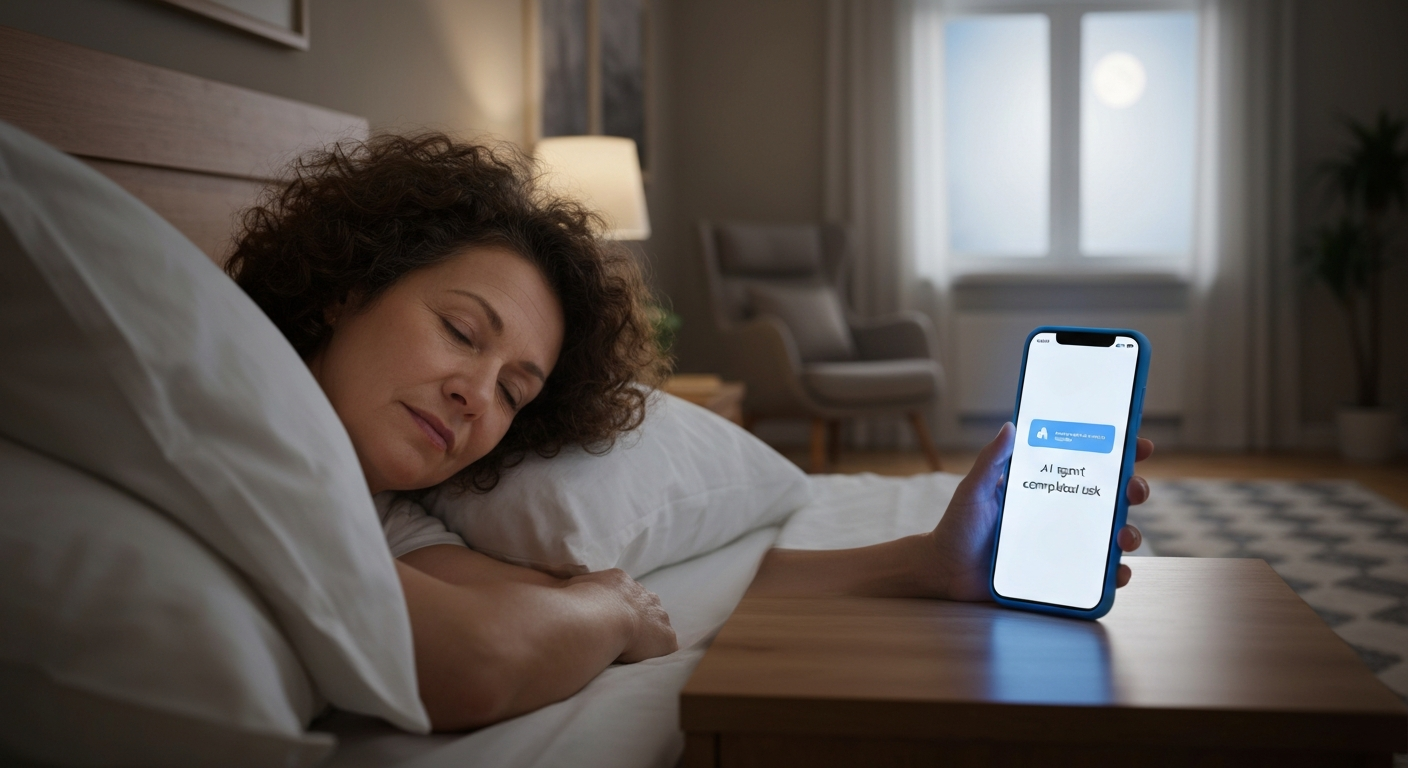 person sleeping peacefully with phone showing notification 'AI agent completed task' on nightstand,
