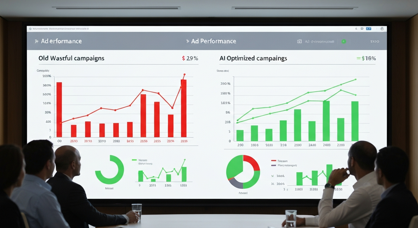 comparison of ad performance charts — old wasteful campaigns in red vs AI-optimized campaigns in.