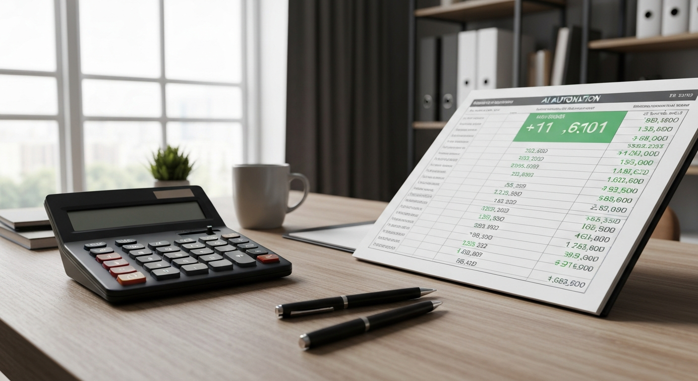 calculator and financial spreadsheet on desk showing AI automation ROI calculations, green positive