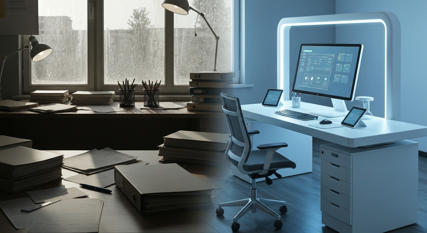 insurance office transformation — messy paper-filled desk on left vs clean automated digital worksp