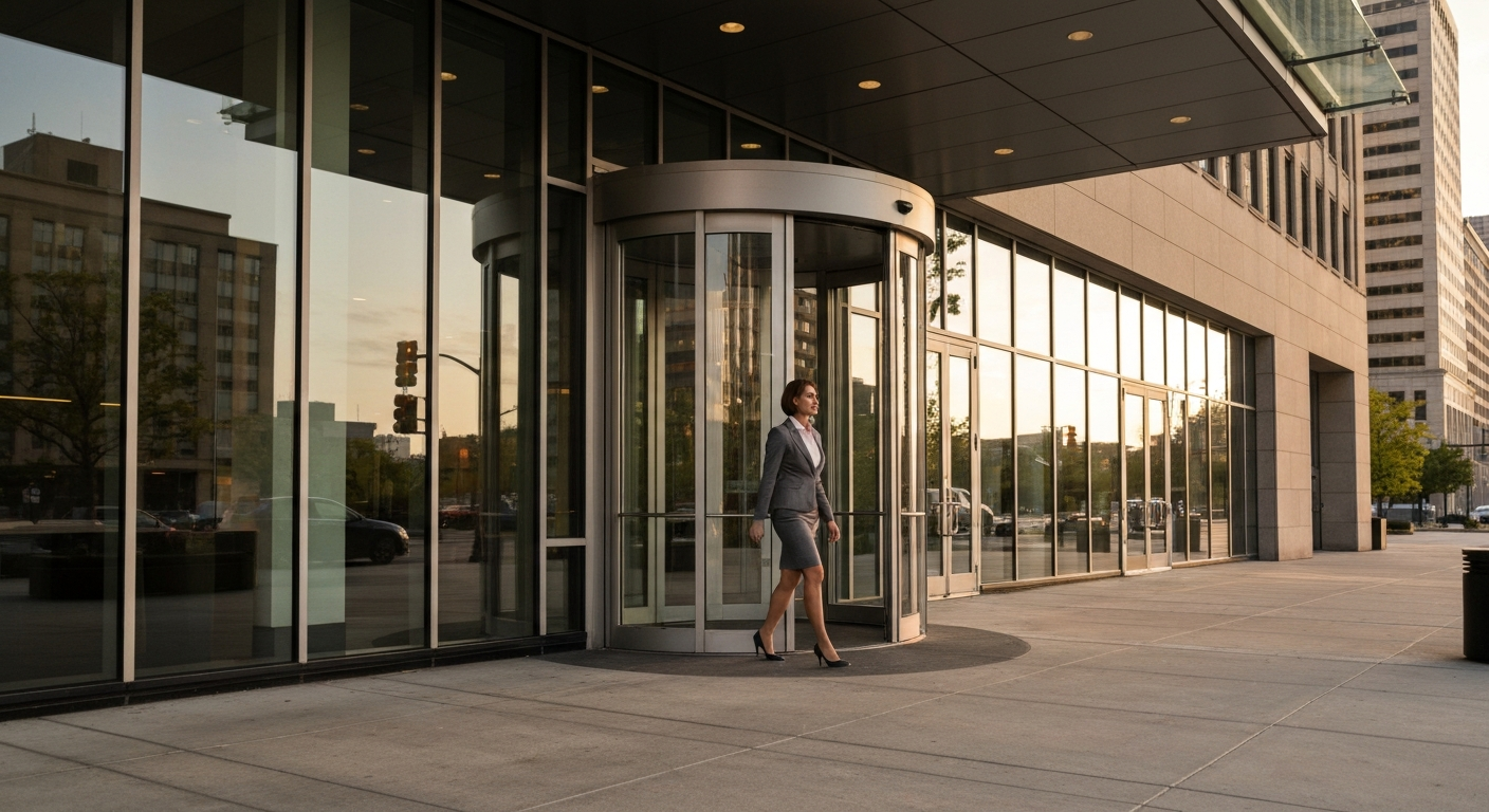 Cleveland business district with modern office building entrance, professional woman walking in wit