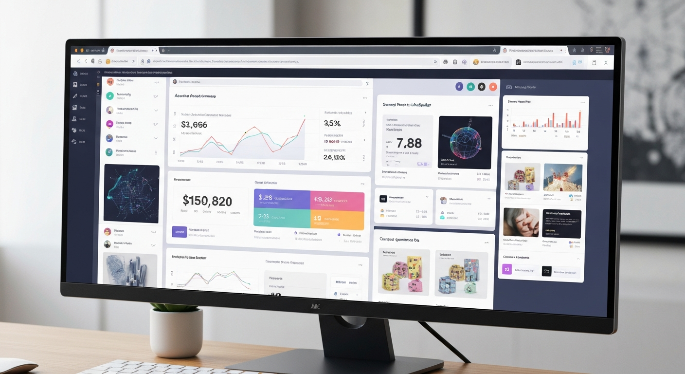 marketing AI tools dashboard showing automated campaign performance, social posts scheduling, and.