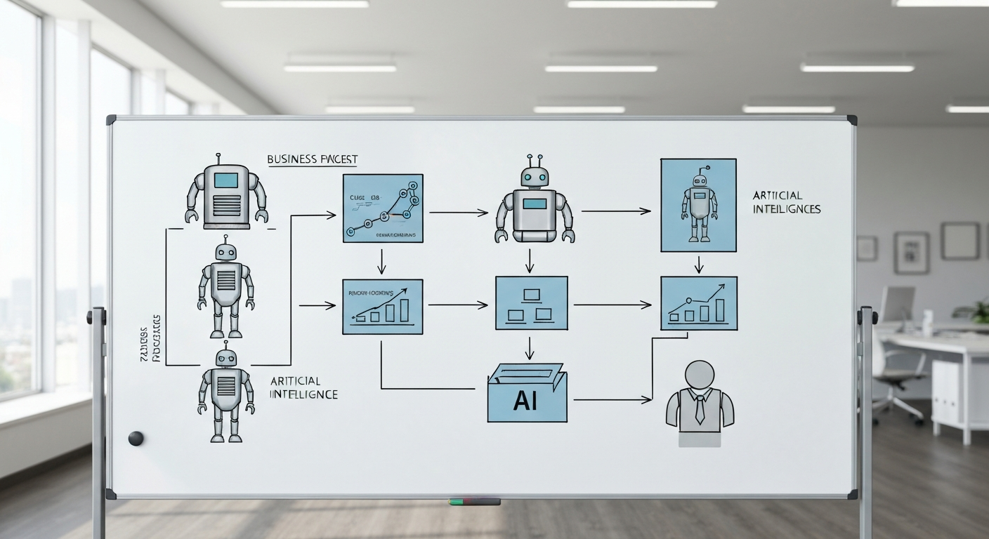 visual flowchart on a whiteboard showing business processes being automated with AI, robot icons.