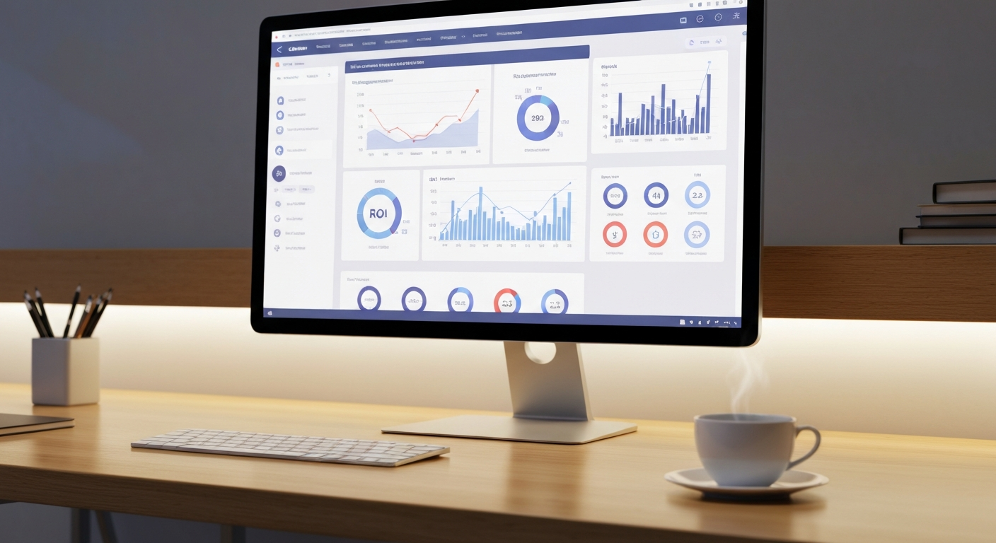social media marketing dashboard on a large monitor showing engagement graphs and ROI metrics, mode