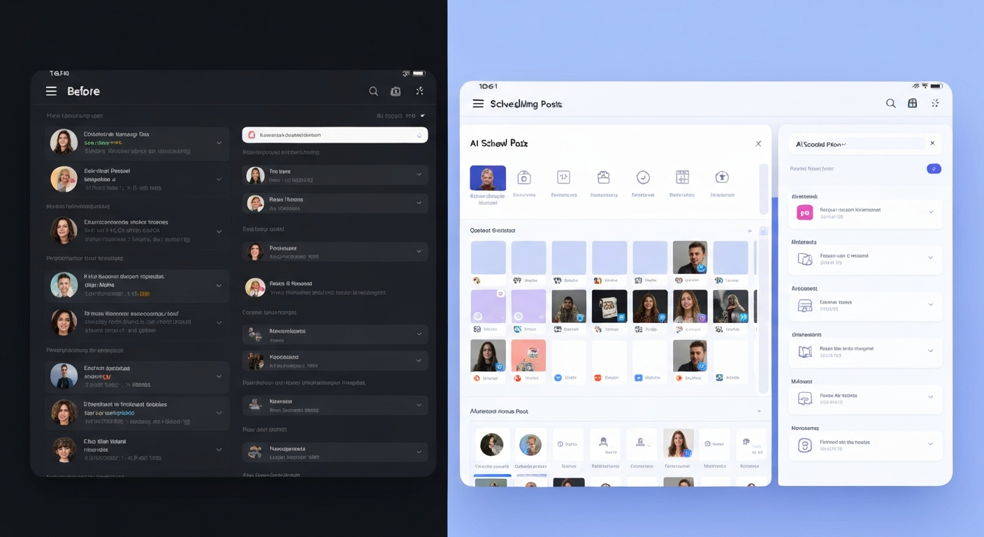 split screen showing manual social media posting vs automated AI scheduling tool, before-and-after
