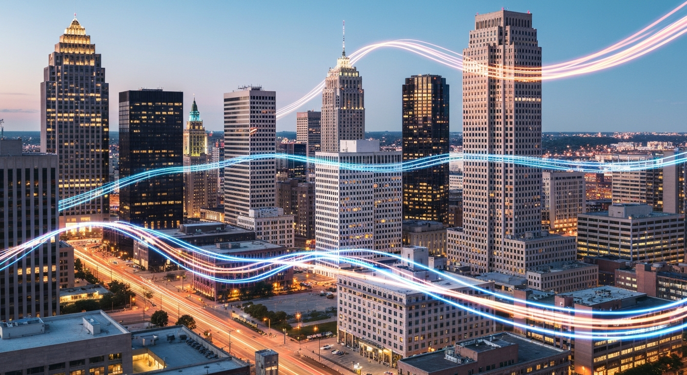 downtown Cleveland skyline at dusk with glowing digital data streams flowing between office buildin