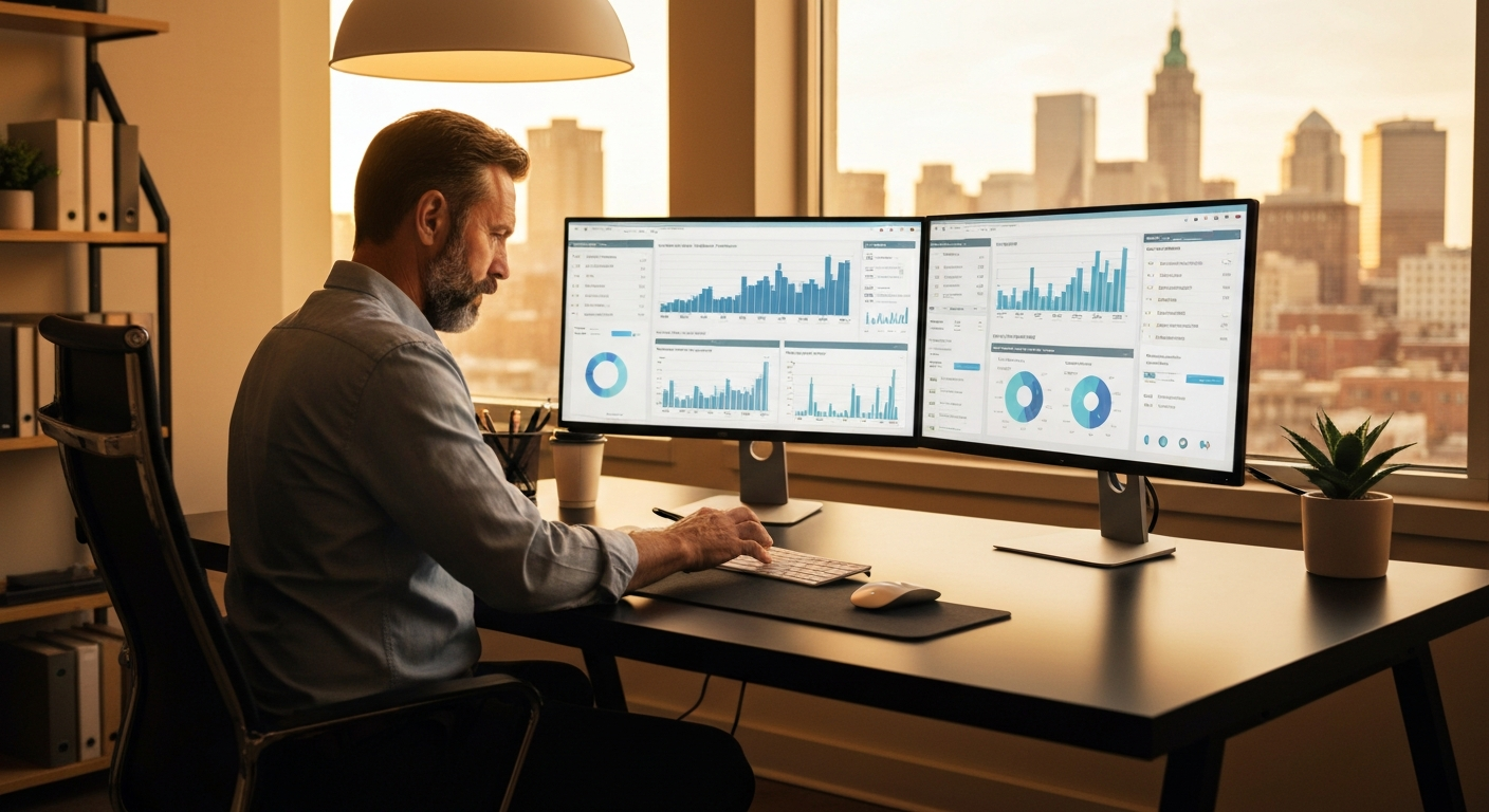 small business owner at a modern desk reviewing analytics dashboards on dual monitors, warm office