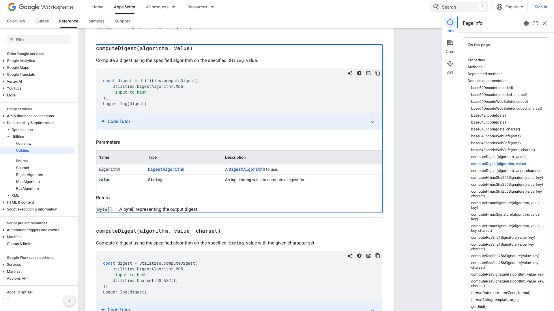 Google Apps Script computeDigest API reference for SHA-256 hashing