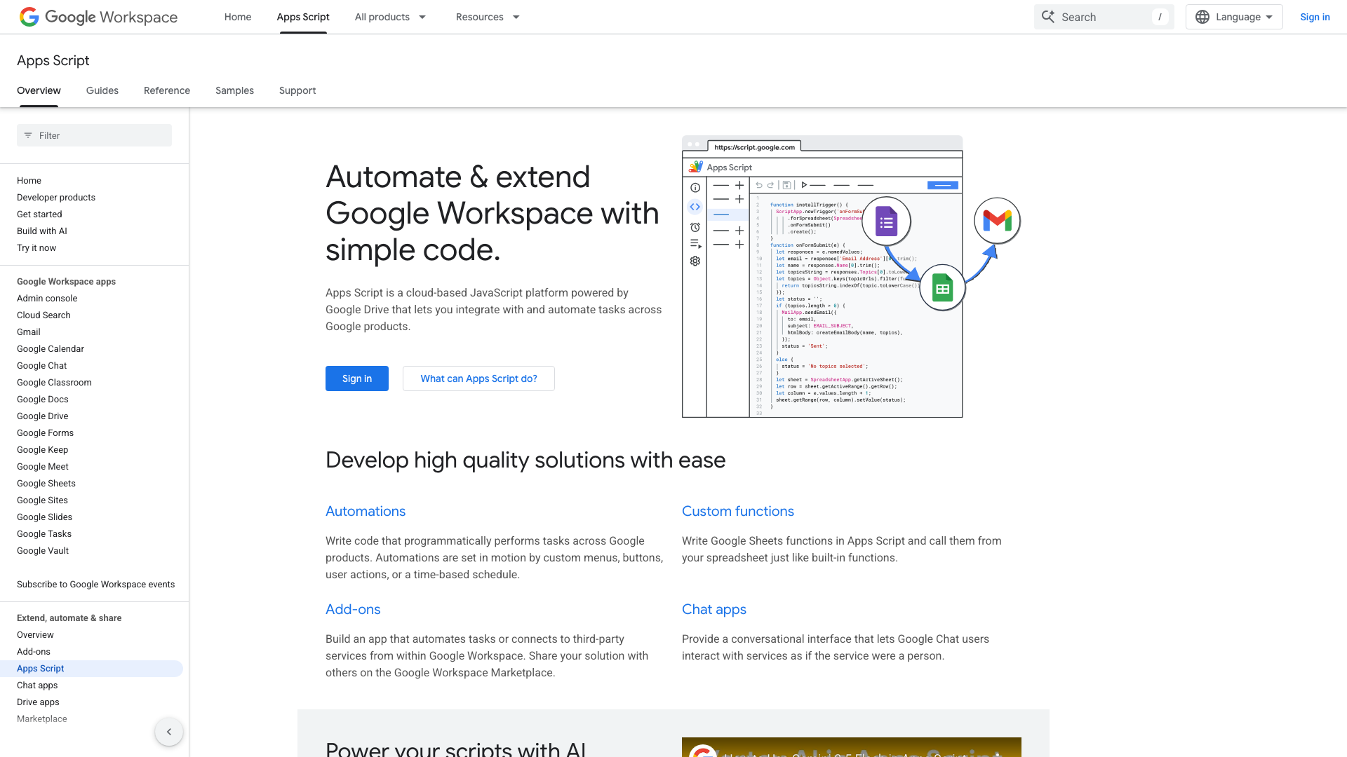 Google Apps Script development platform for extending Google Sheets