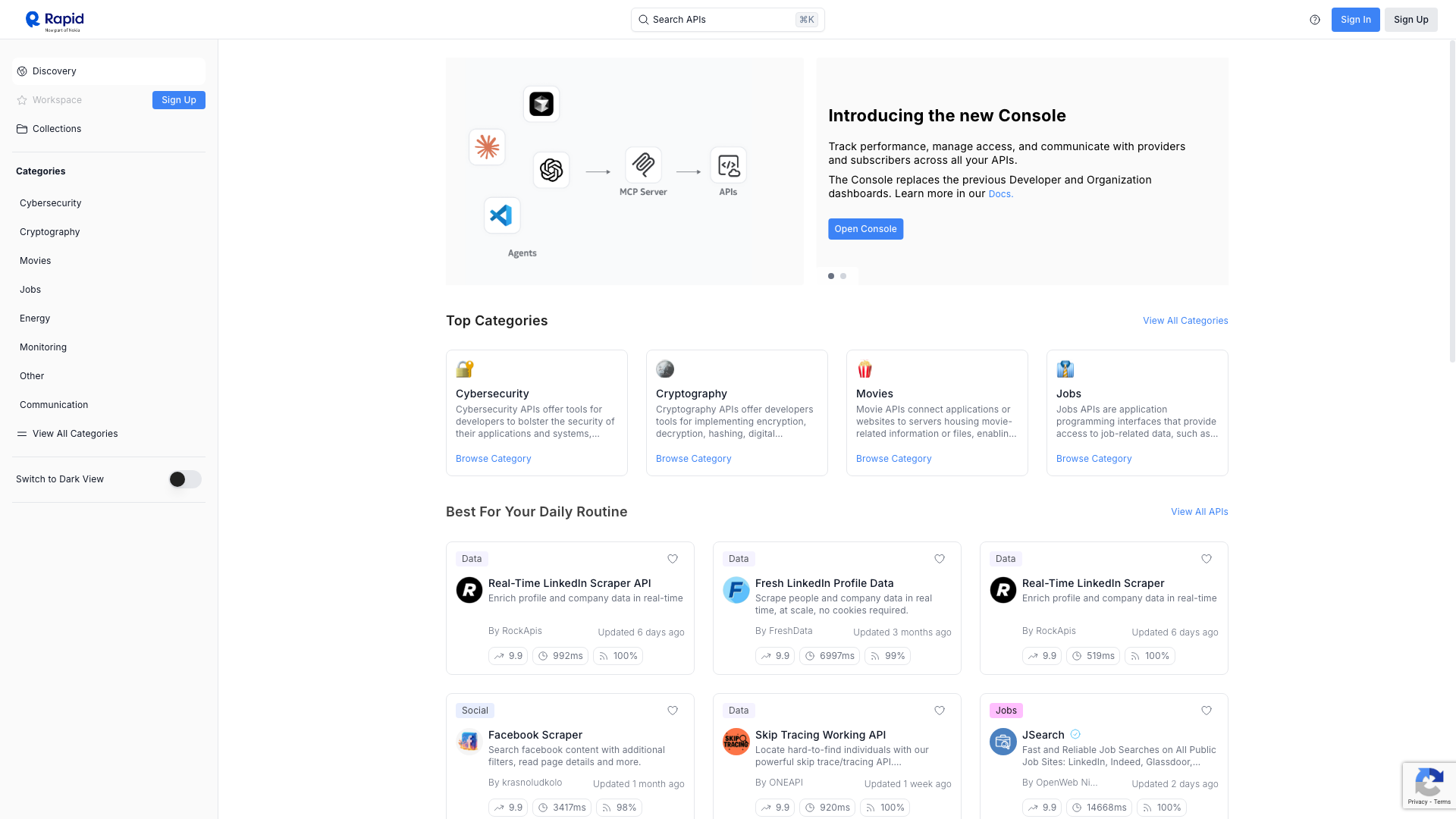 RapidAPI Hub marketplace for discovering APIs including YouTube transcription