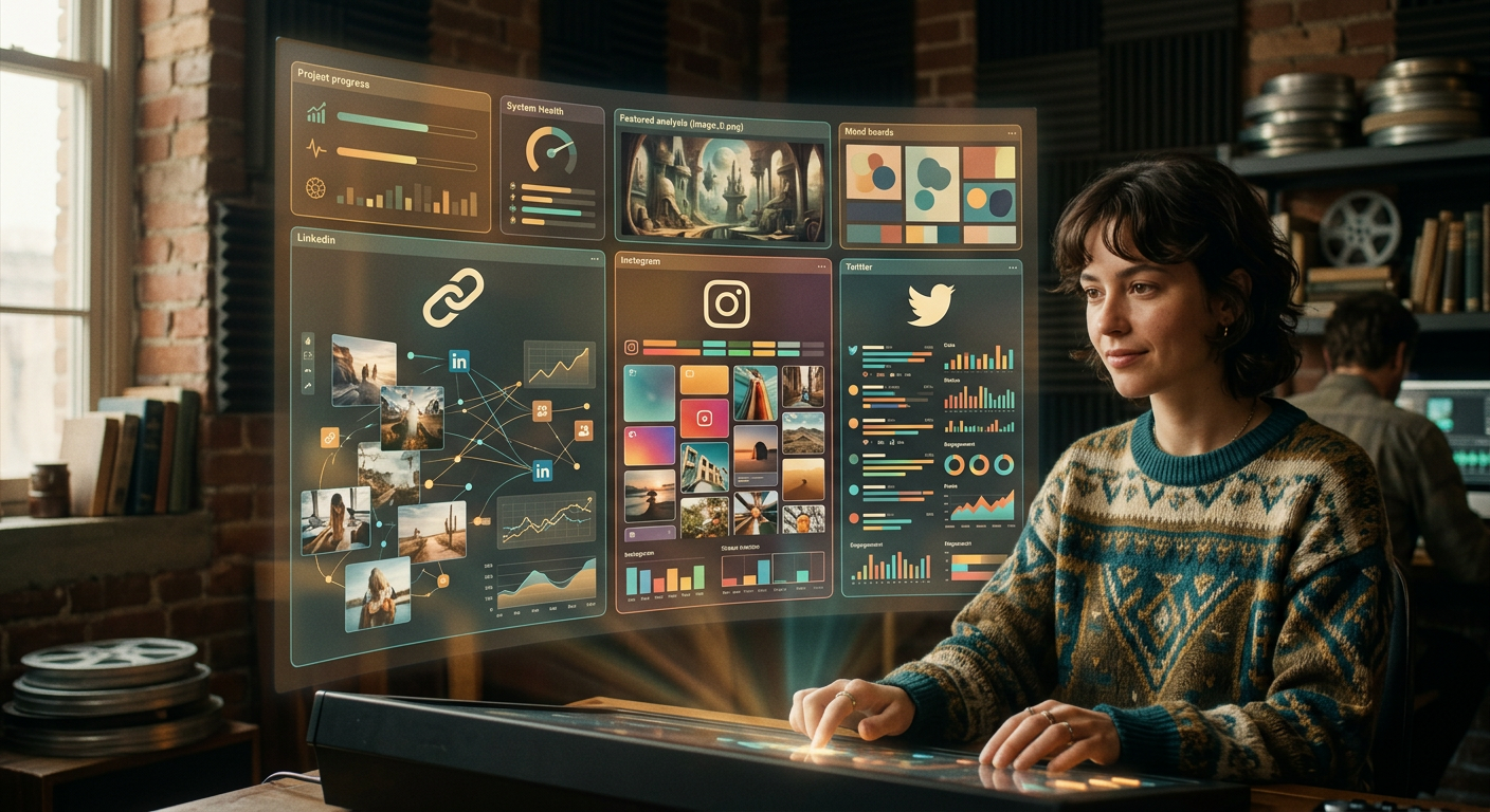 Screenshot-style mockup showing an AI agent dashboard managing social media posts across LinkedIn, Instagram, and Twitter sim