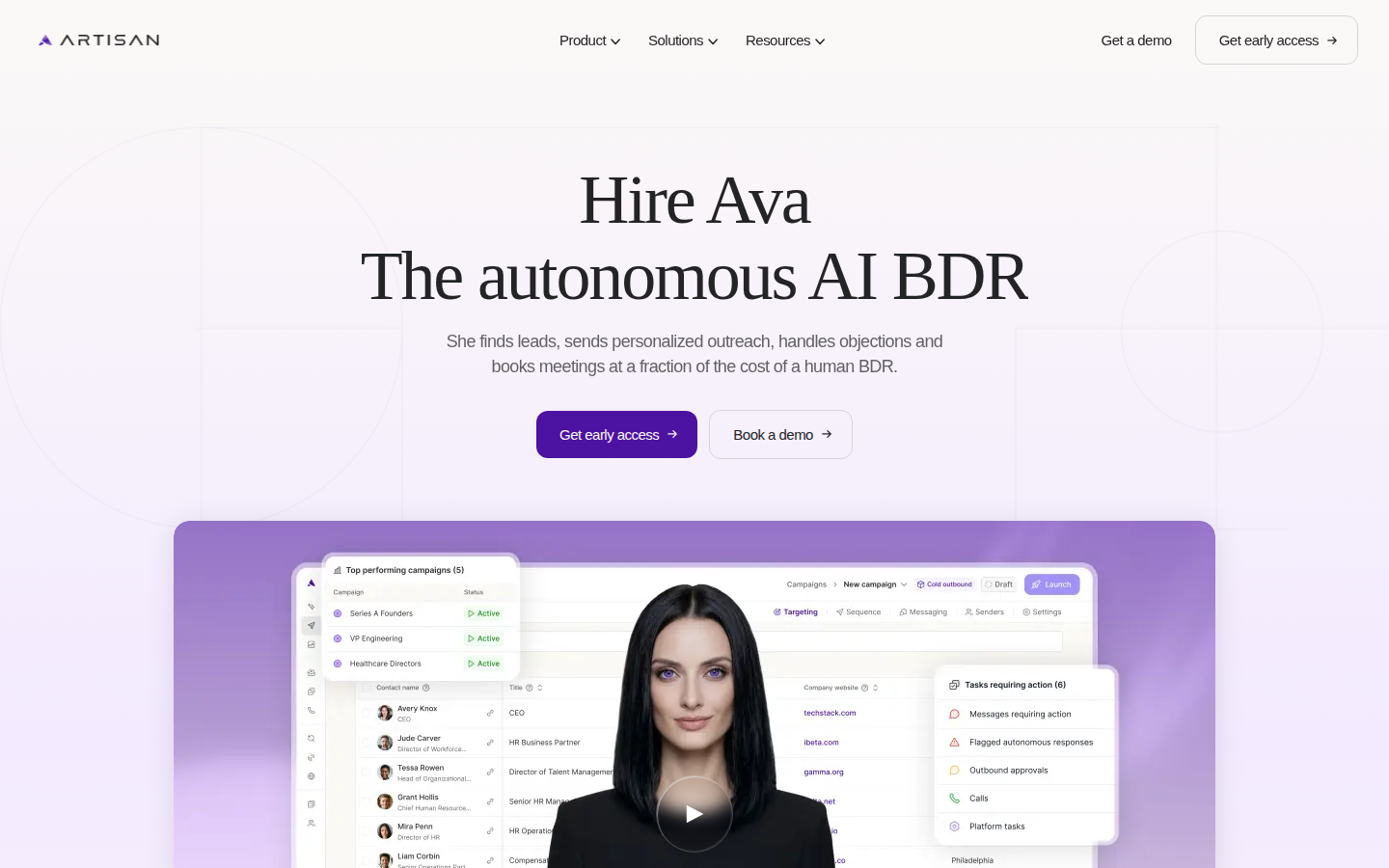 Artisan AI homepage showing Ava the AI SDR