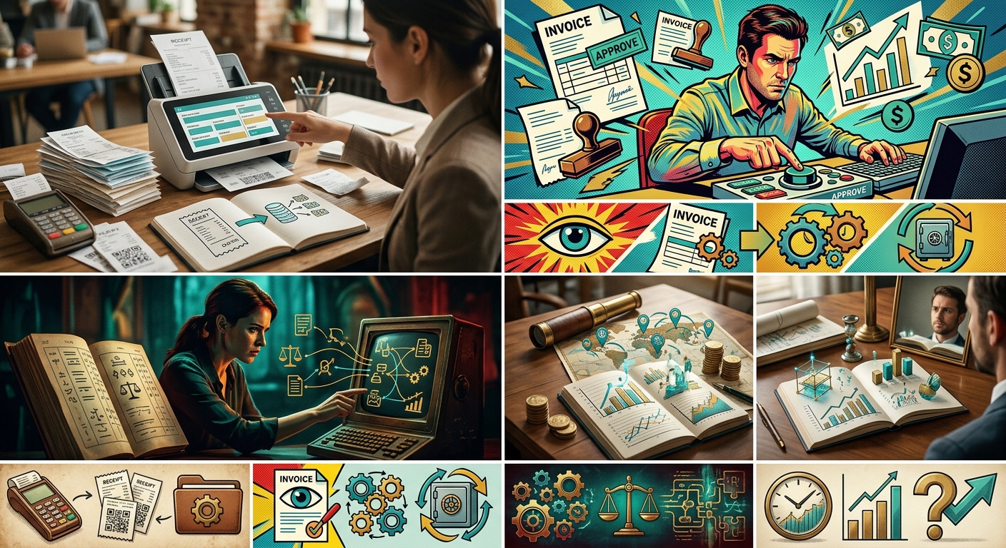 Infographic showing AI accounting tool categories: document capture, AP automation, reconciliation, reporting — with example