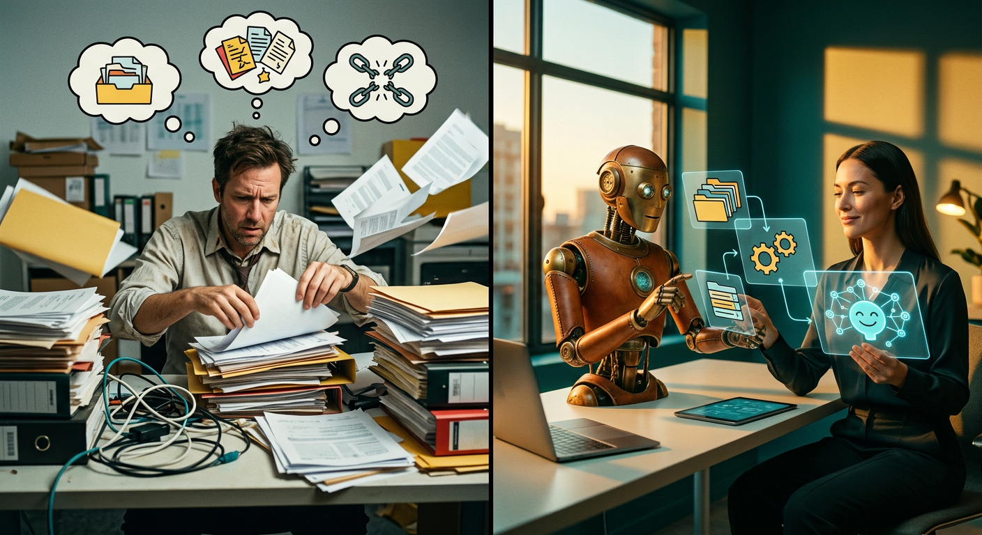 a side-by-side comparison showing a messy manual workflow versus a clean automated AI workflow, illustrated with simple icons